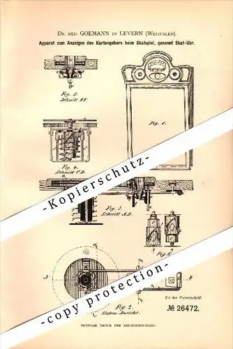 Original Patent - Dr. med. Goemann in Levern / Stemwede , 1883 , Apparat zum Anzeigen beim Skat , Kartenspiel , Karten