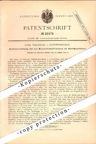 Original Patent - Carl Westphal in Schöppenstedt b. Wolfenbüttel , 1883 , Messerhebeltraverse an Hackmaschinen , Agrar !
