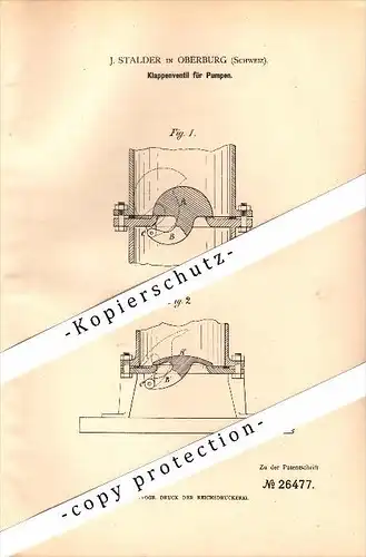 Original Patent - J. Stalder in Oberburg , Schweiz , 1883 , Klappenventil für Pumpen !!!