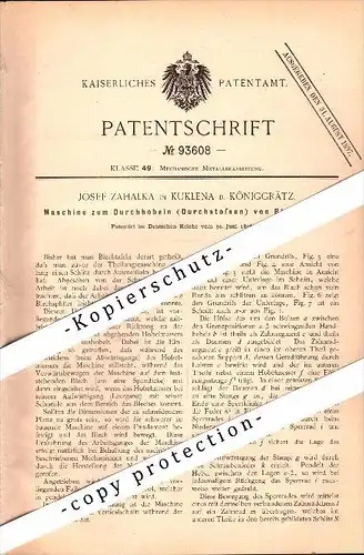 Original Patent - Josef Zahalka in Kukleny b. Königgrätz / Hradec Králové , 1896 , Maschine zum Hobeln von Blech !!!