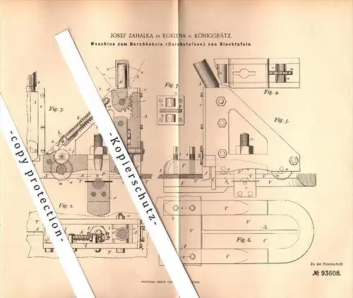 Original Patent - Josef Zahalka in Kukleny b. Königgrätz / Hradec Králové , 1896 , Maschine zum Hobeln von Blech !!!