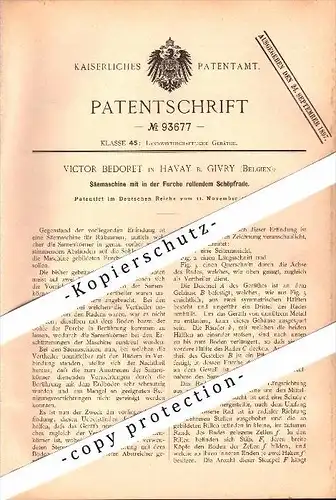 Original Patent - Victor Bedoret in Havay b. Givry , Quévy , 1896 , Säemaschine für Landwirtschaft , Agrar !!!