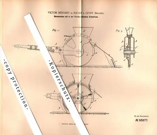 Original Patent - Victor Bedoret in Havay b. Givry , Quévy , 1896 , Säemaschine für Landwirtschaft , Agrar !!!