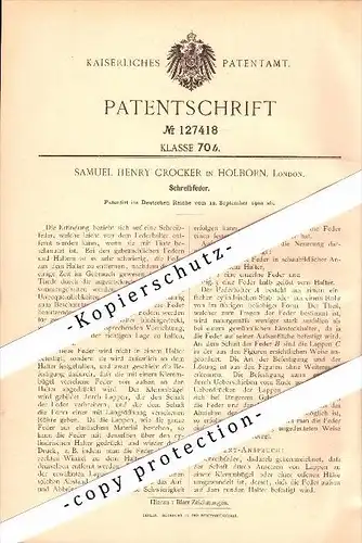 Original Patent - Samuel Henry Crocker in Holborn b. London , 1900 , plume , Schreibfeder , Feder !!!
