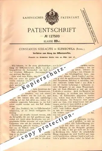 Original Patent - Constantin Sedlaczek in Klembowka , Russland , 1901 , Abzug von Diffusionssaft , Destille , Brauerei !