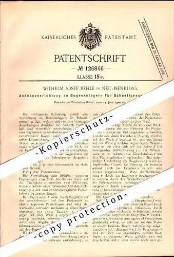 Original Patent - W.J. Behle in Neu-Isenburg b. Offenbach ,1900 , Apparat für Schnellpressen , Presse  !!!