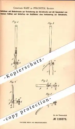 Original Patent - Gebrüder Haff in Pfronten b. Kempten , 1901 , Reißfeder mit Stellschraube , Architekt !!!