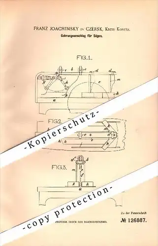 Original Patent - Franz Joachimsky in Czersk , Kreis Konitz , 1901 , Gehrungsanschlag für Sägen , Tischlerei , Heiderode