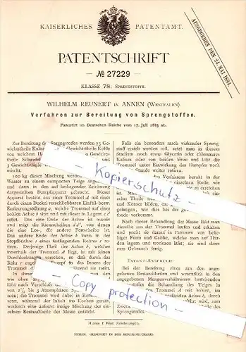Original Patent - Wilhelm Reunert in Annen , Westfalen , 1883 ,   Bereitung von Sprengstoffen !!!