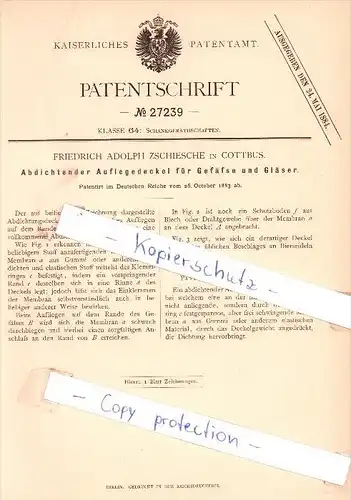 Original Patent - F. Adolph Zschiesche in Cottbus , 1883 , Auflegedeckel für Gfäße und Gläser !!!