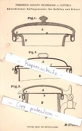 Original Patent - F. Adolph Zschiesche in Cottbus , 1883 , Auflegedeckel für Gfäße und Gläser !!!