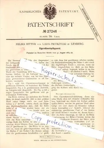 Original Patent - F. Ritter von Lada-Pietrzycki in Lemberg , 1883 , Cigarettenstopfapparat !!!