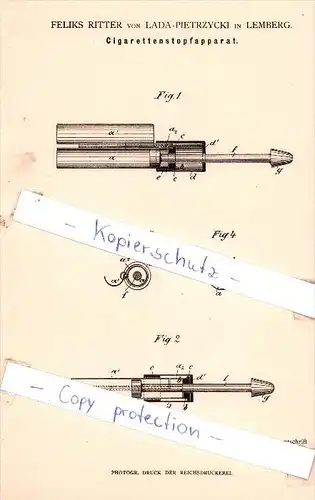 Original Patent - F. Ritter von Lada-Pietrzycki in Lemberg , 1883 , Cigarettenstopfapparat !!!