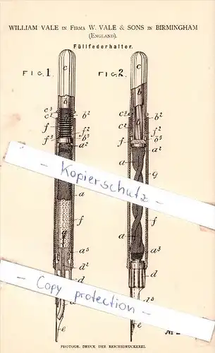 Original Patent - W. Vale in Firma W. Vale & Sohn in Birmingham , England , 1883 , Füllfederhalter , Federhalter  !!!