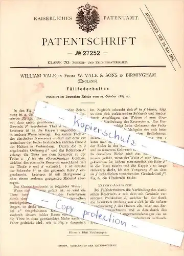 Original Patent - W. Vale in Firma W. Vale & Sohn in Birmingham , England , 1883 , Füllfederhalter , Federhalter  !!!
