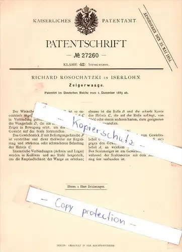 Original Patent - Richard Rosochatzki in Iserlohn , 1883 , Zeigerwaage !!!