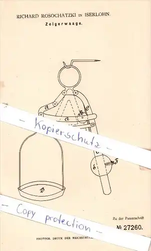 Original Patent - Richard Rosochatzki in Iserlohn , 1883 , Zeigerwaage !!!