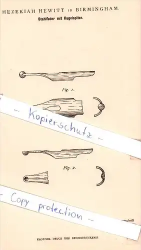 Original Patent - Hezekiah Hewitt in Birmingham , 1883 , Stahlfeder mit Kugelspitze , Feder , Schreibfeder !!!