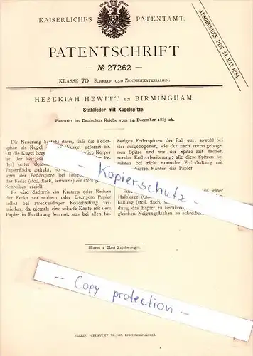 Original Patent - Hezekiah Hewitt in Birmingham , 1883 , Stahlfeder mit Kugelspitze , Feder , Schreibfeder !!!