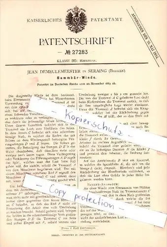 Original Patent - Jean Demeulemeester in Seraing , Belgien , 1883 , Rammbär-Winde !!!