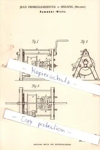 Original Patent - Jean Demeulemeester in Seraing , Belgien , 1883 , Rammbär-Winde !!!