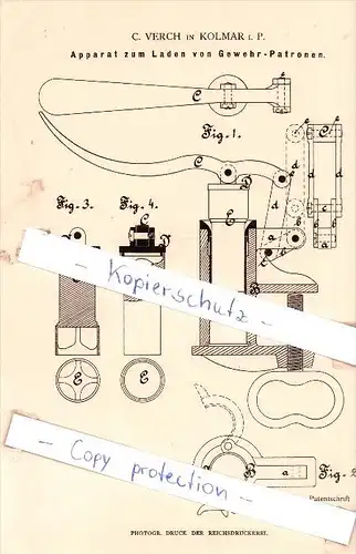 Original Patent - C. Verch in Kolmar i. P. , 1883 , Apparat zum Laden von Gewehr-Patronen !!!