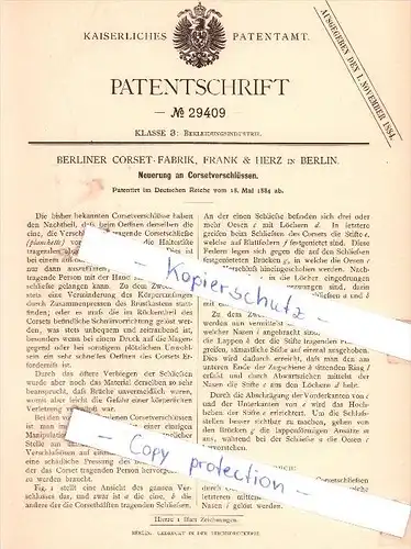 Original Patent - Berliner Corset-Fabrik, Frank & Herz in Berlin , 1884 , Corsetverschlüsse , Korsett , Corset !!!