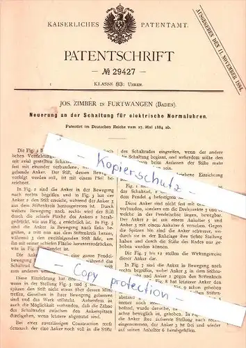 Original Patent - Jos. Zimber in Furtwangen , Baden , 1884 , Schaltung für Normaluhren !!!