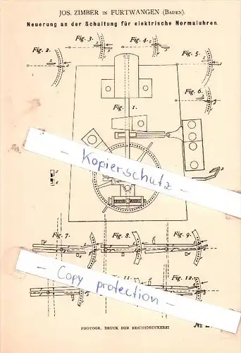 Original Patent - Jos. Zimber in Furtwangen , Baden , 1884 , Schaltung für Normaluhren !!!