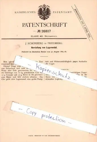 Original Patent - J. Schönberg in Friedberg , 1883 , Herstellung von Lagermetall !!!