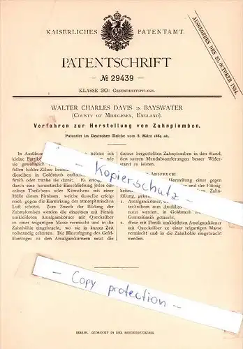 Original Patent - Walter Charles Davis in Bayswater , London  , 1884 ,  !!!