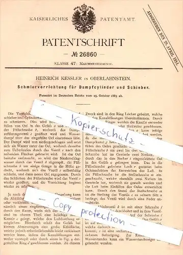 Original Patent - H. Kessler in Oberlahnstein , 1883 , Schmiervorrichtung für Dampfzylinder  !!!