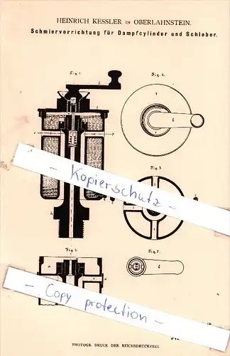 Original Patent - H. Kessler in Oberlahnstein , 1883 , Schmiervorrichtung für Dampfzylinder  !!!