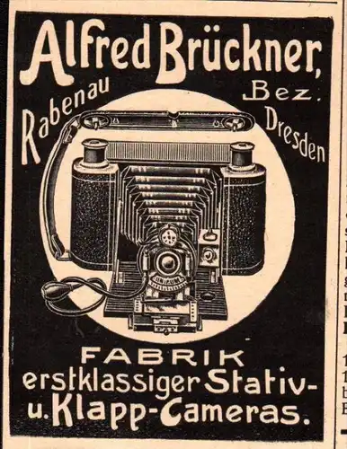 original Werbung - 1905 - Alfred Brückner in Rabenau b. Dresden , Cameras , Photoapparat , Photographie !!!
