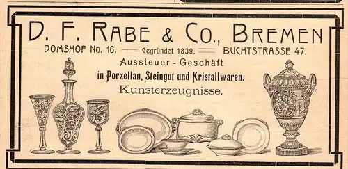 original Werbung - 1905 - Porzellan , Kristall und Steingut , Kunst , Rabe & Co in Bremen !!!