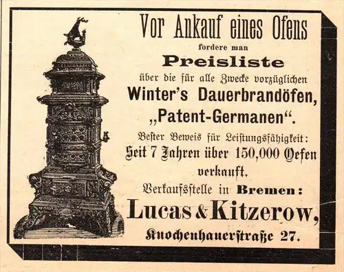 original Werbung - 1905 - Lucas & Kitzerow in Bremen , Dauerbrandofen , Patent-Germanen , Heizungsbau !!!