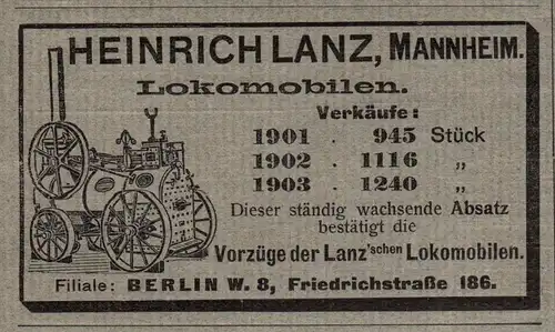 original Werbung - 1905 - Heinrich Lanz Locomobile , Mannheim , Landwirtschaft !!!