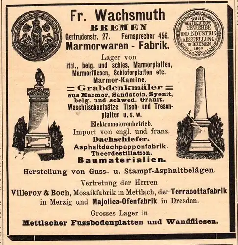 original Werbung - 1905 - Marmorwaren-Fabrik , Villeroy & Boch - Vertretung , Mettlach , Fr. Wachsmuth in Bremen !!!