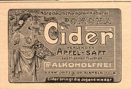 original Werbung - 1905 - CIDER Apfelsaft , Apfel-Kelterei , H. Opitz in Rinteln a.d.W. , Mosterei !!!