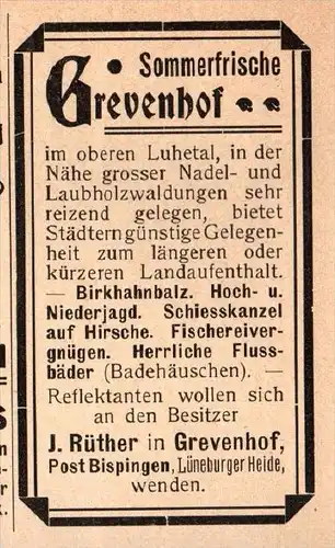 original Werbung - 1905 - Sommerfrische Grevenhof , Post Bispingen , J. Rüther  !!!