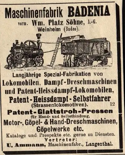 original Werbung - 1911 -  Maschinenfabrik , U. Ammann in Langenthal , Badenia , Lokomobile !!!