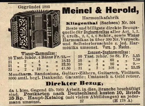 original Werbung - 1911 - Meinel & Herold , Harmonika-Fabrik in Klingenthal i.S. !!!