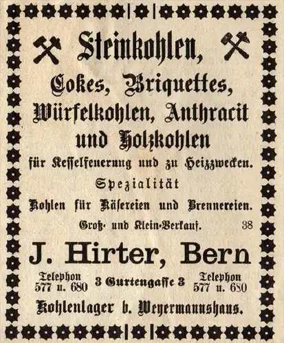 original Werbung - 1911 - Steinkohle , J. Hirter in Bern !!!