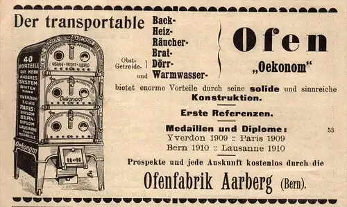 original Werbung - 1911 -  Ofenfabrik Aarberg , Ofen Oekonom !!!