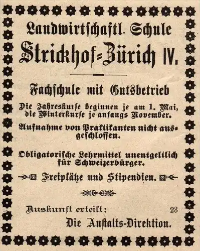 original Werbung - 1911 - Strickhof - Zürich , Fachschule für Landwirtschaft  !!!