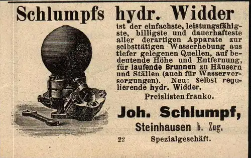 original Werbung - 1911 - hydraulischer Widder , Schlumpf in Steinhausen b. Zug !!!