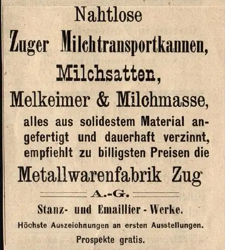 original Werbung - 1911 - Metallwarenfabrik in Zug !!!