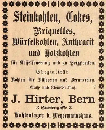 original Werbung - 1911 - J. Hirter in Bern , Kohlenlager , Steinkohle !!!