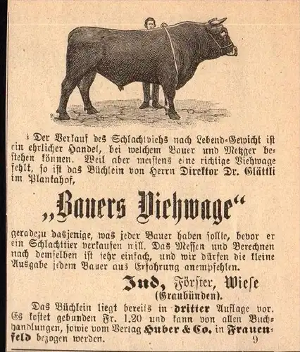 original Werbung - 1911 - Bauers Viehwage , Ind , Förster Wiese in Graubünden  !!!