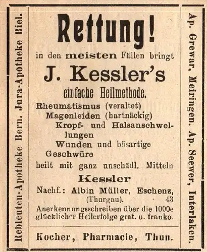 original Werbung - 1911 - Rettung , A. Müller in Eschenz b. Frauenfeld und Kocher in Thun , Arzt , Heilung !!!